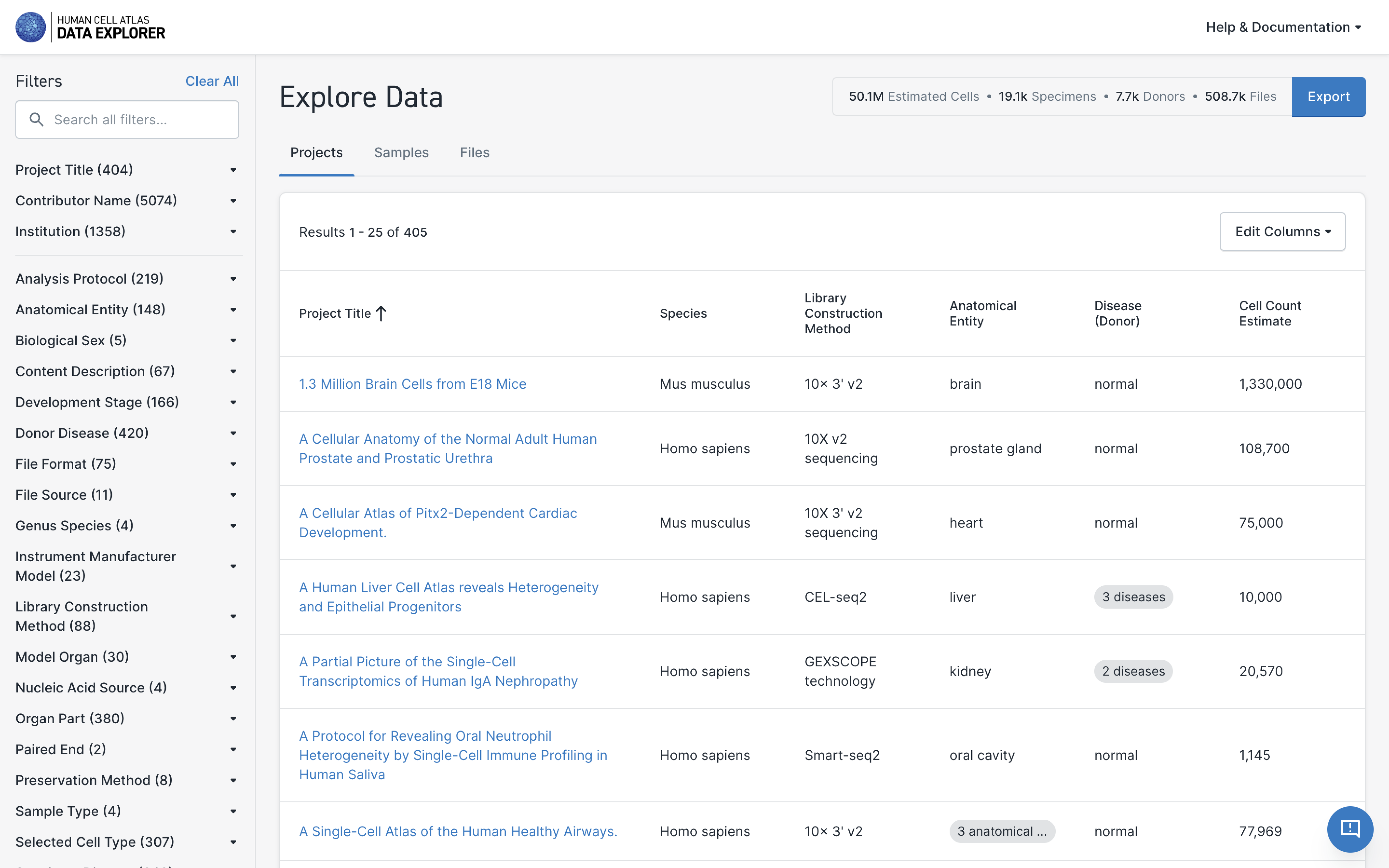 Browsing Projects in the Data Explorer