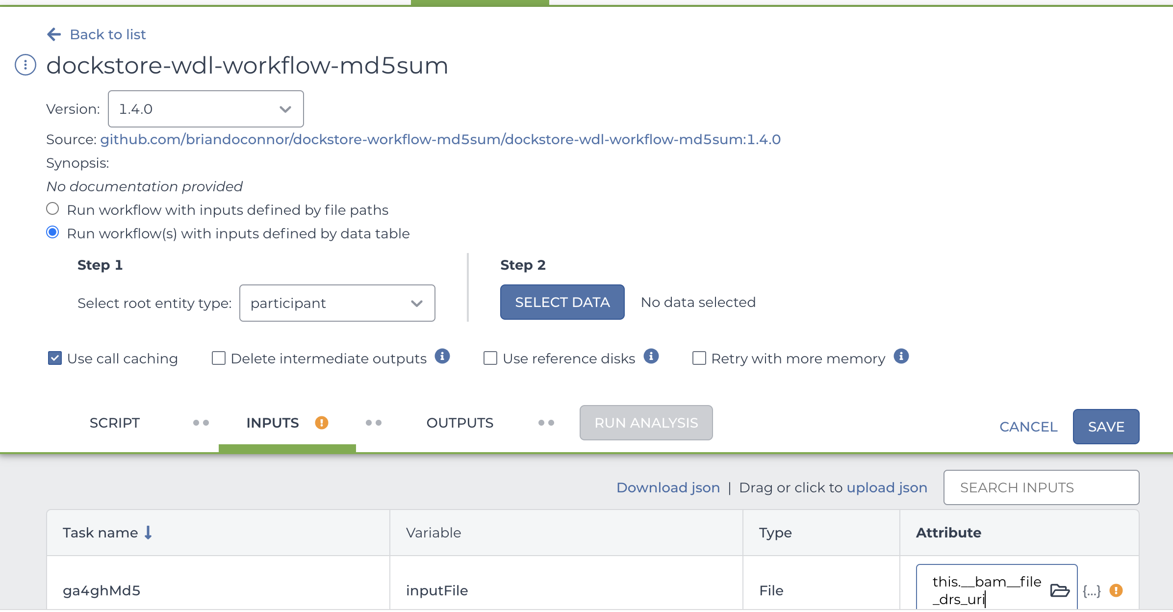 Terra input screen for md5sum workflow